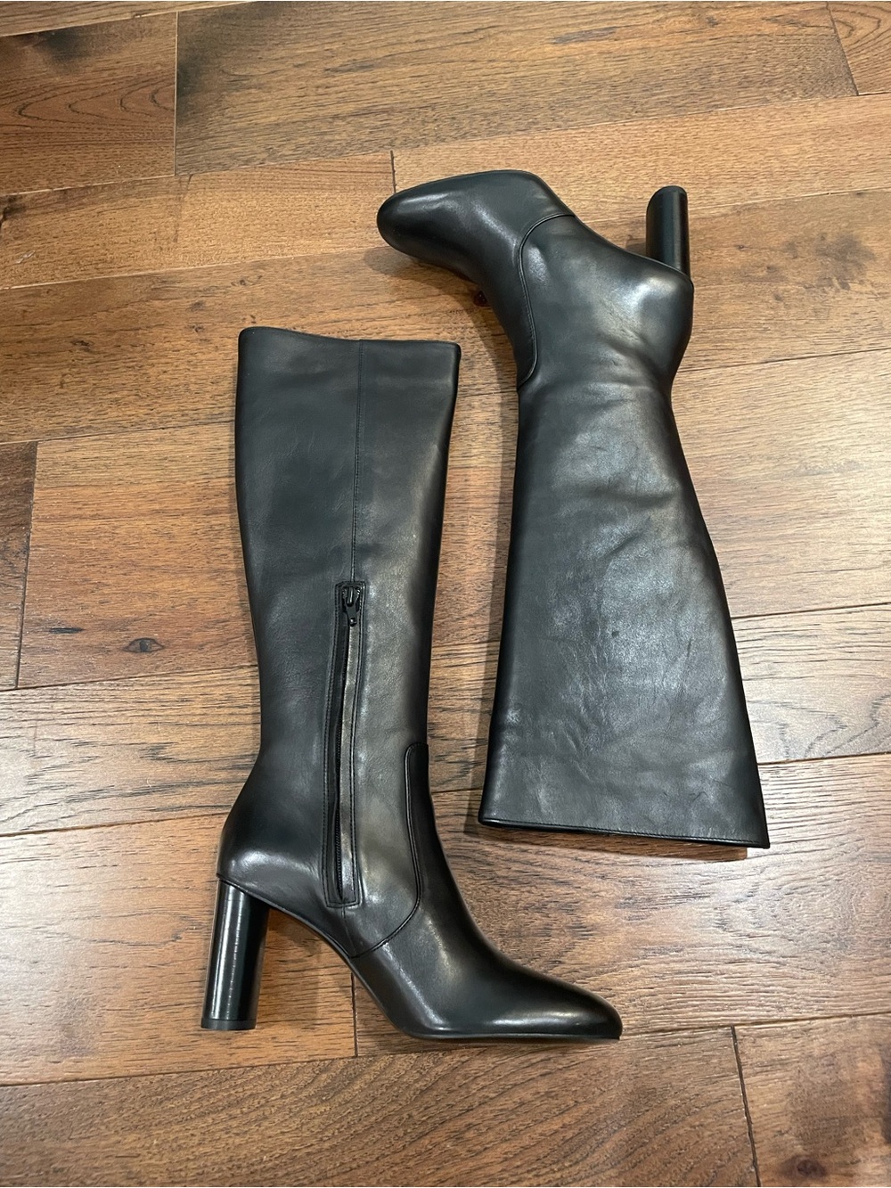 Mango Black Leather Tall Heeled Boots